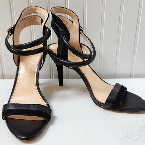 Sexy JESSICA SIMPSON Black Strappy Leather & Suede 4" Heel Sandals EUC - Picture 2 of 9